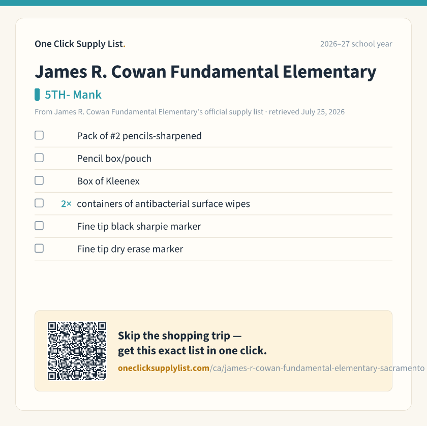 James R. Cowan Fundamental Elementary 5TH- Mank supply list — printable image