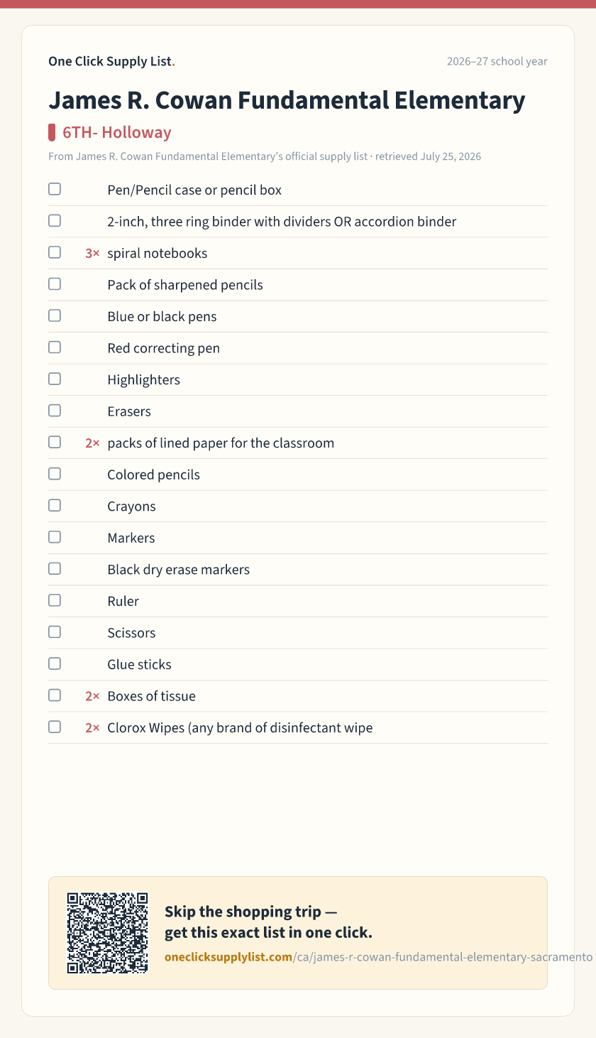 James R. Cowan Fundamental Elementary 6TH- Holloway supply list — printable image