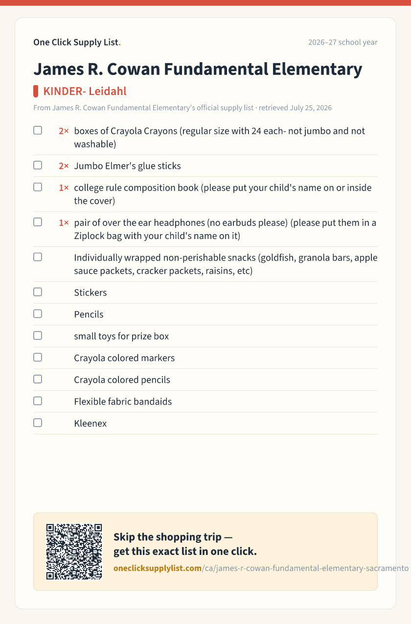 James R. Cowan Fundamental Elementary KINDER- Leidahl supply list — printable image