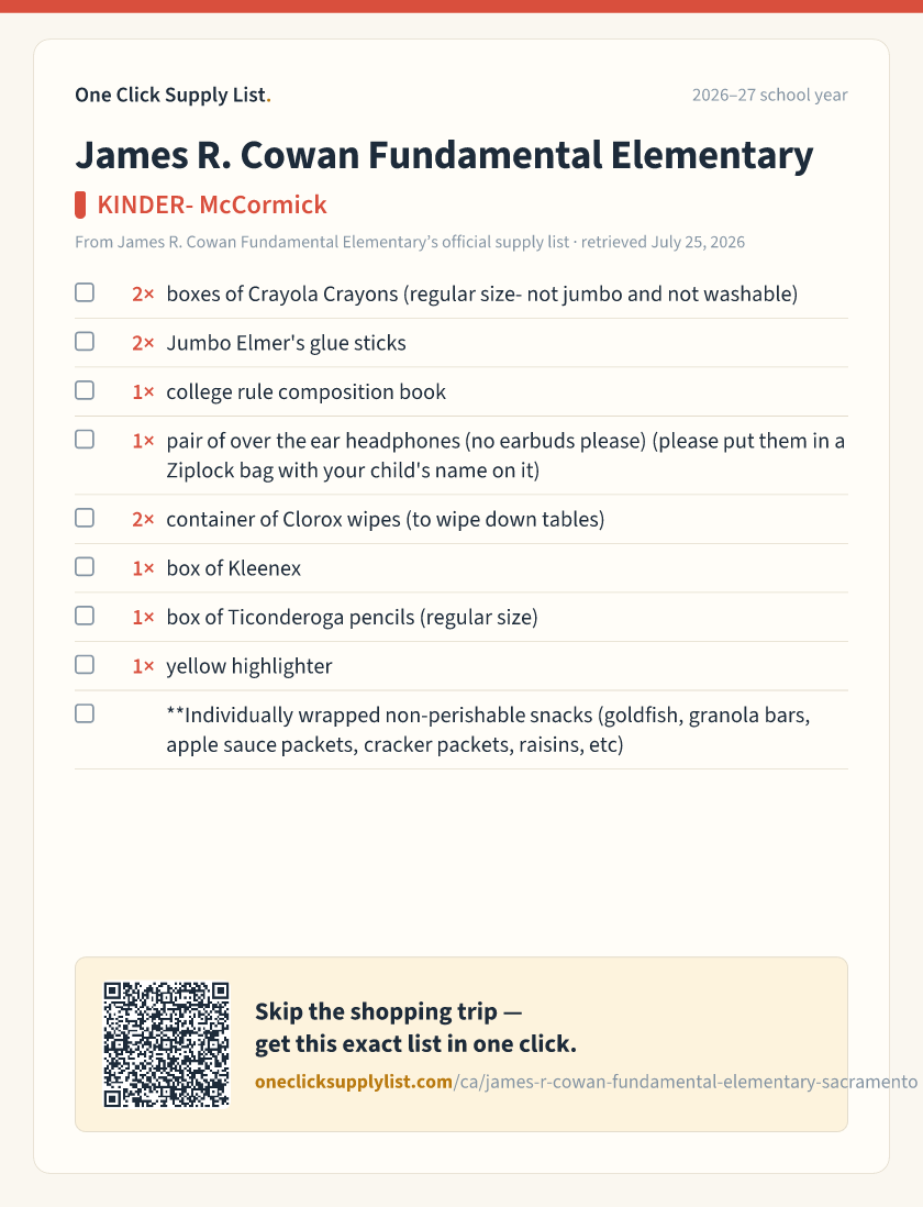 James R. Cowan Fundamental Elementary KINDER- McCormick supply list — printable image