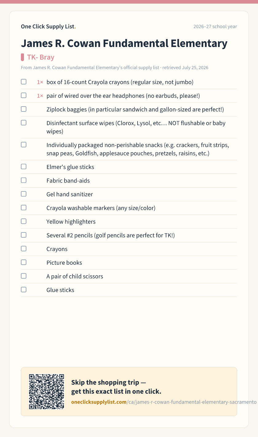 James R. Cowan Fundamental Elementary TK- Bray supply list — printable image