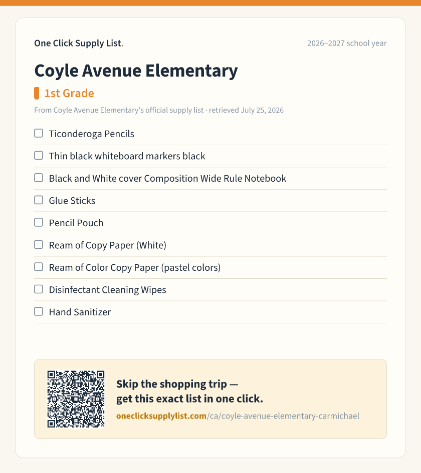 Coyle Avenue Elementary 1st Grade supply list — printable image