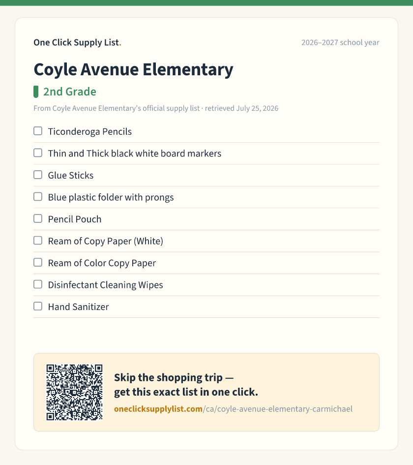 Coyle Avenue Elementary 2nd Grade supply list — printable image
