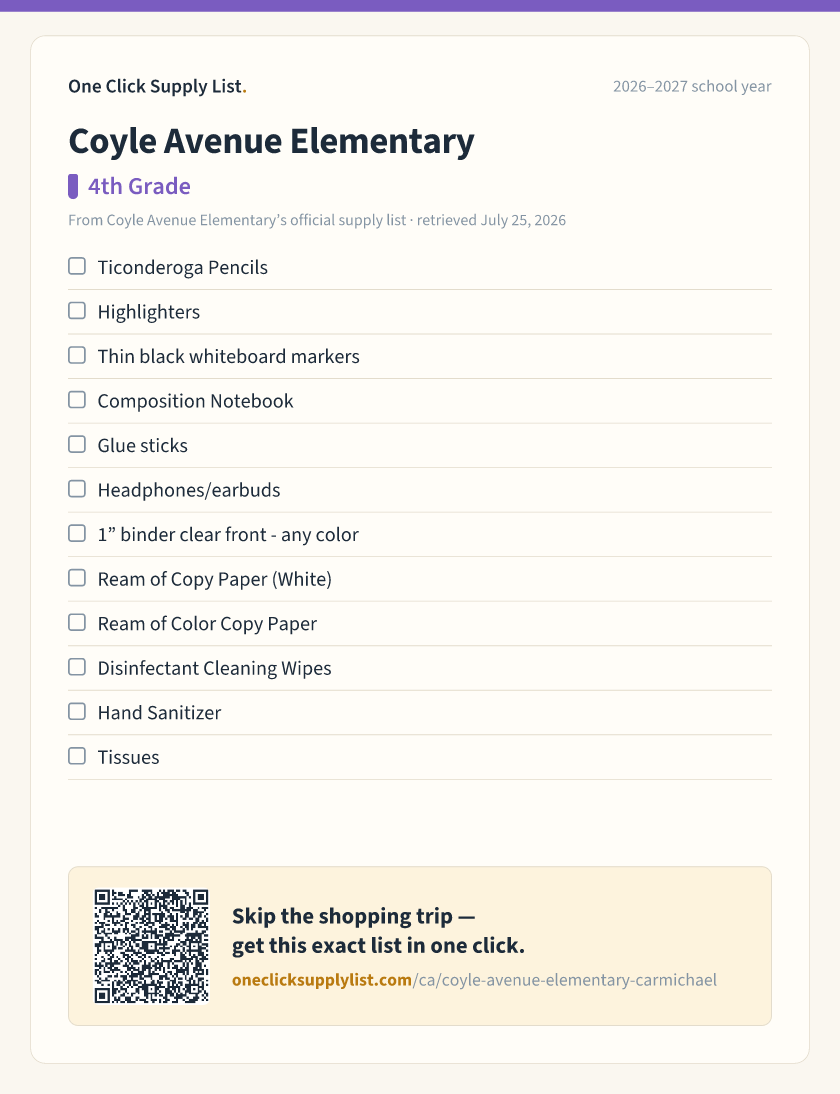 Coyle Avenue Elementary 4th Grade supply list — printable image
