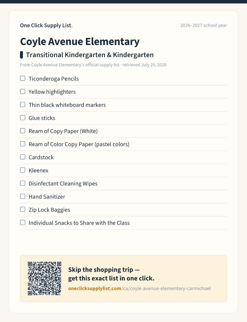 Coyle Avenue Elementary Transitional Kindergarten & Kindergarten supply list — printable image
