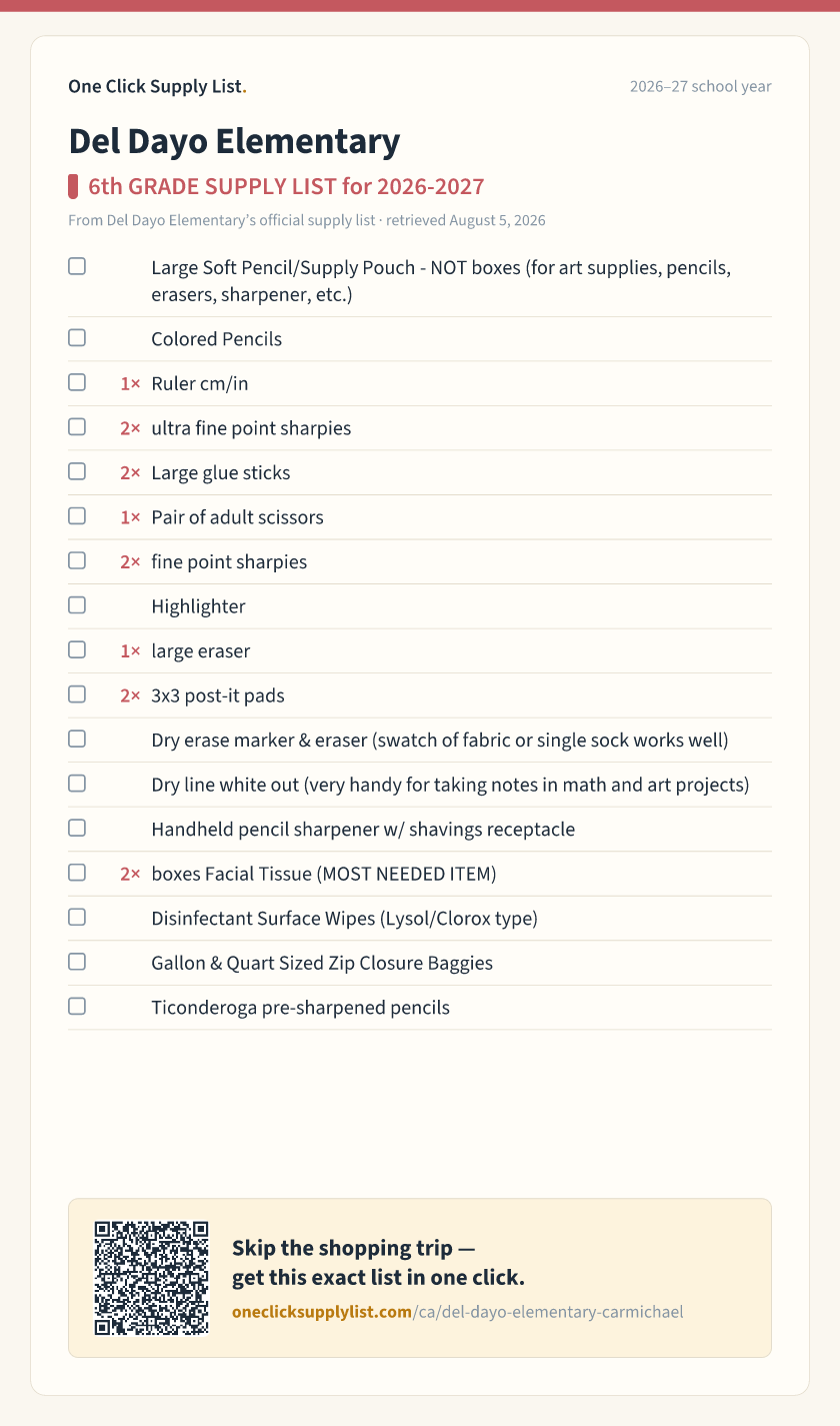 Del Dayo Elementary 6th GRADE SUPPLY LIST for 2026-2027 supply list — printable image