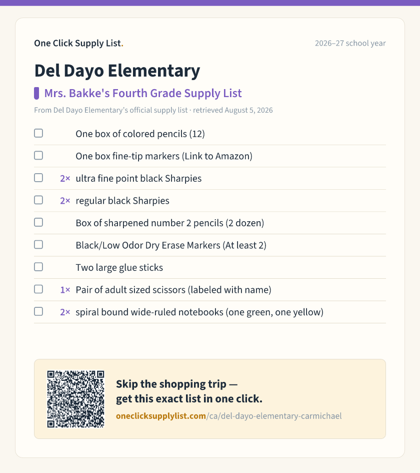 Del Dayo Elementary Mrs. Bakke's Fourth Grade Supply List supply list — printable image