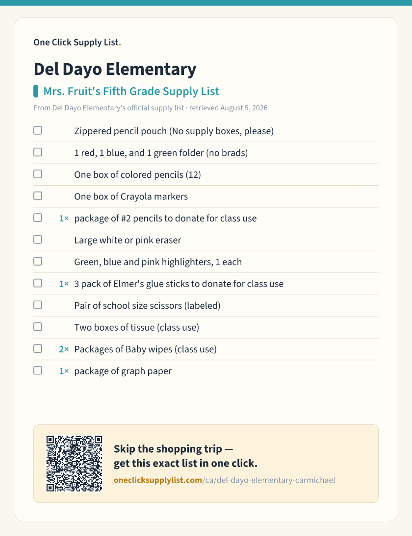 Del Dayo Elementary Mrs. Fruit's Fifth Grade Supply List supply list — printable image