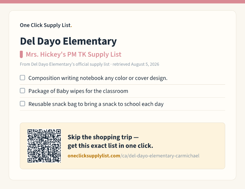 Del Dayo Elementary Mrs. Hickey's PM TK Supply List supply list — printable image