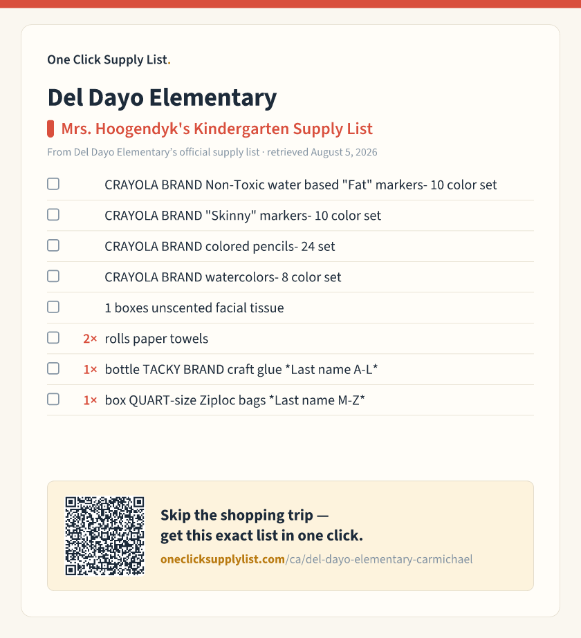 Del Dayo Elementary Mrs. Hoogendyk's Kindergarten Supply List supply list — printable image