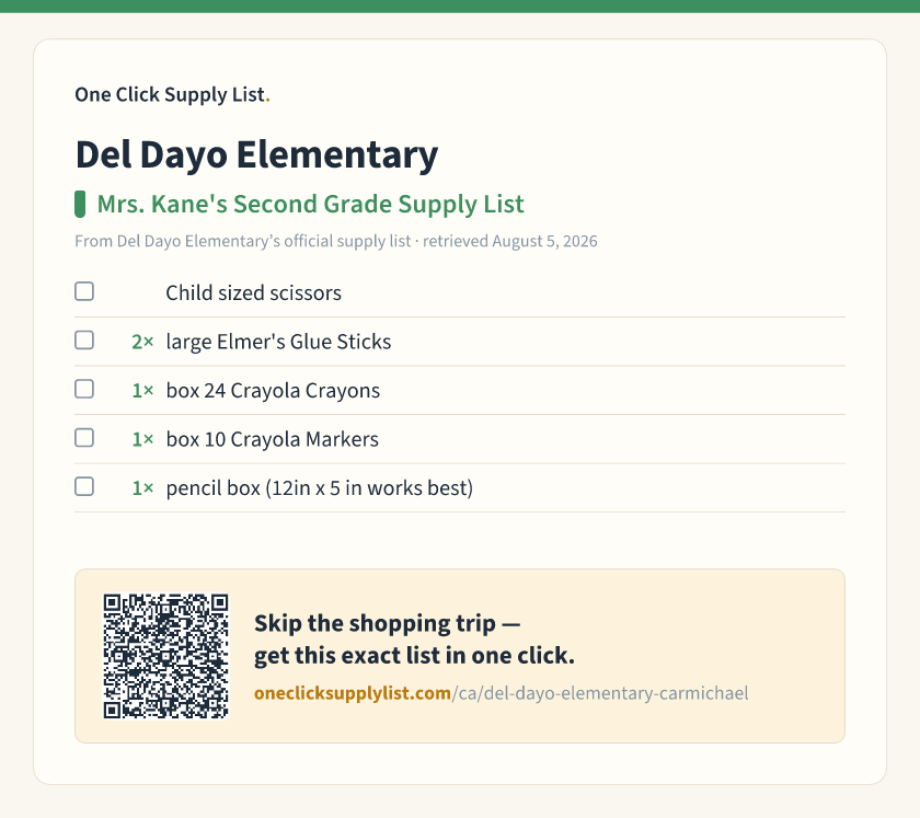 Del Dayo Elementary Mrs. Kane's Second Grade Supply List supply list — printable image