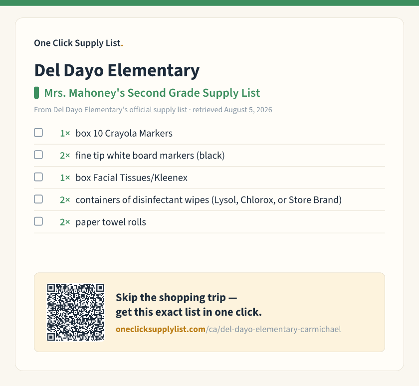 Del Dayo Elementary Mrs. Mahoney's Second Grade Supply List supply list — printable image