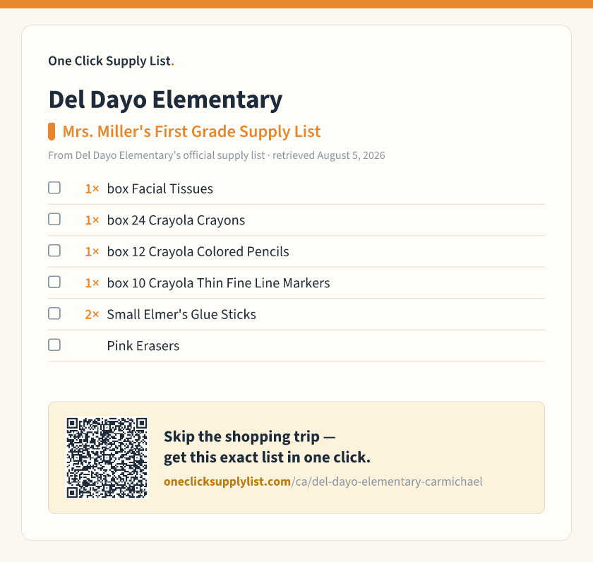Del Dayo Elementary Mrs. Miller's First Grade Supply List supply list — printable image