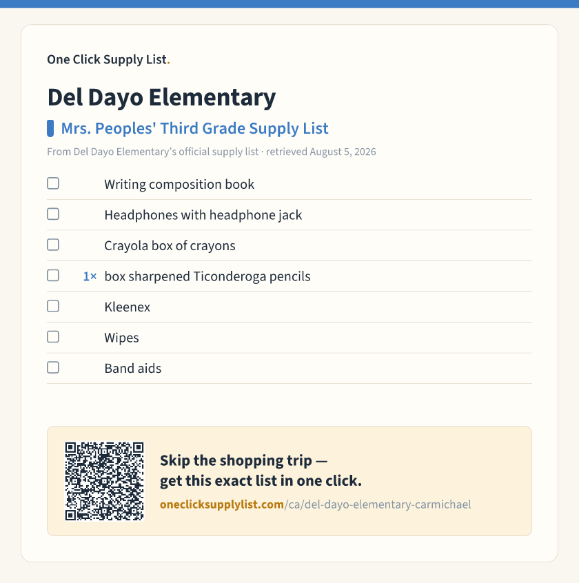 Del Dayo Elementary Mrs. Peoples' Third Grade Supply List supply list — printable image