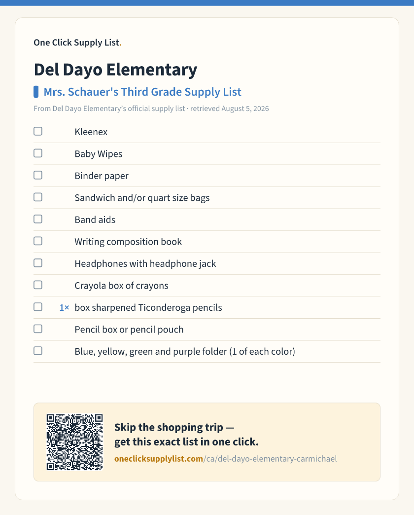 Del Dayo Elementary Mrs. Schauer's Third Grade Supply List supply list — printable image