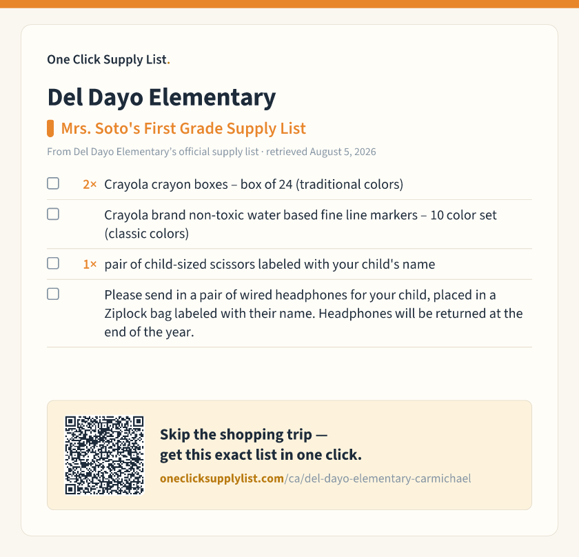 Del Dayo Elementary Mrs. Soto's First Grade Supply List supply list — printable image
