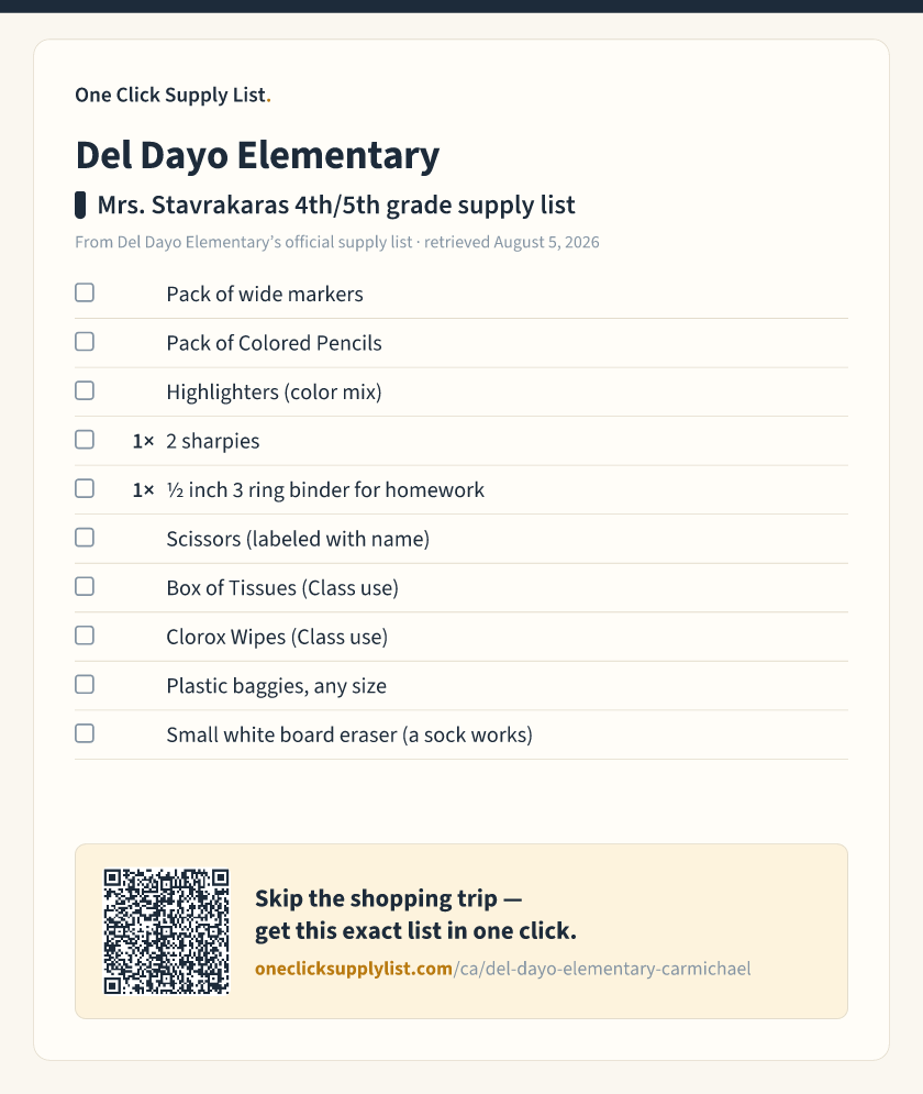 Del Dayo Elementary Mrs. Stavrakaras 4th/5th grade supply list supply list — printable image