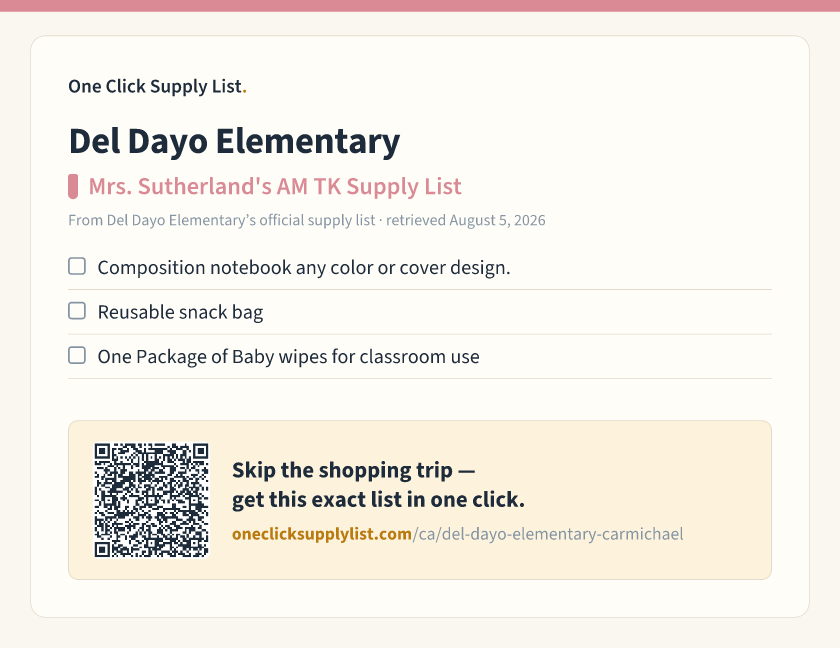 Del Dayo Elementary Mrs. Sutherland's AM TK Supply List supply list — printable image