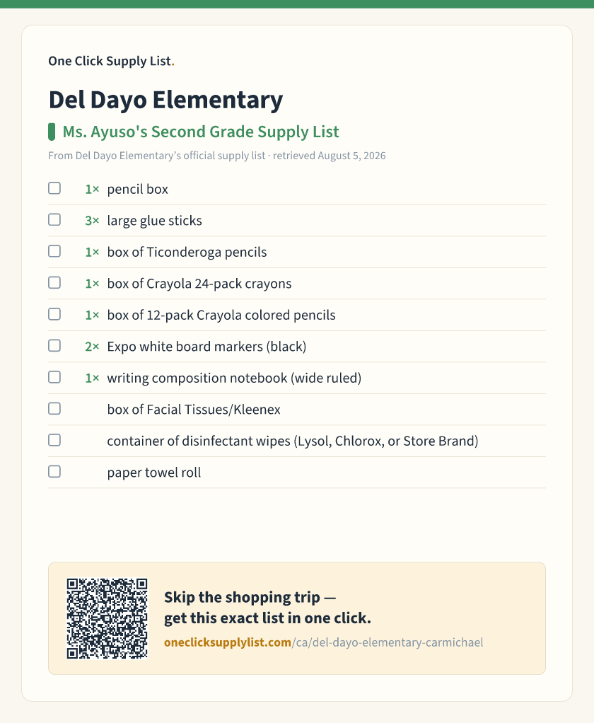 Del Dayo Elementary Ms. Ayuso's Second Grade Supply List supply list — printable image