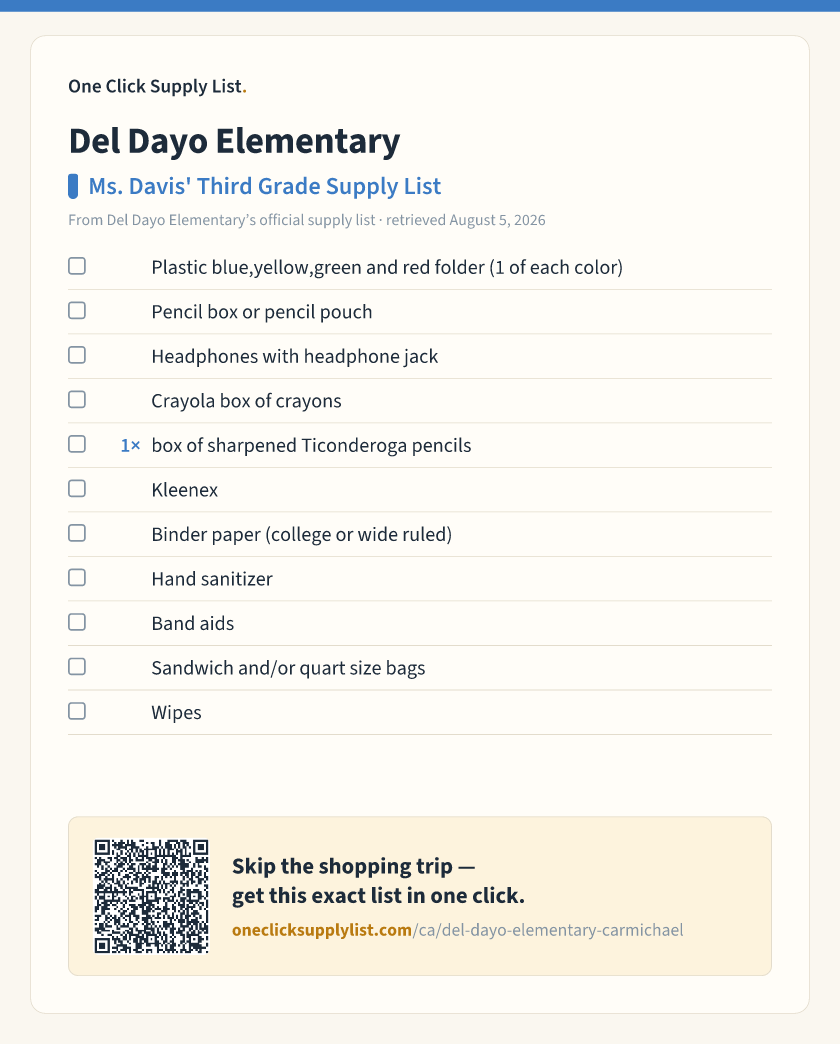 Del Dayo Elementary Ms. Davis' Third Grade Supply List supply list — printable image