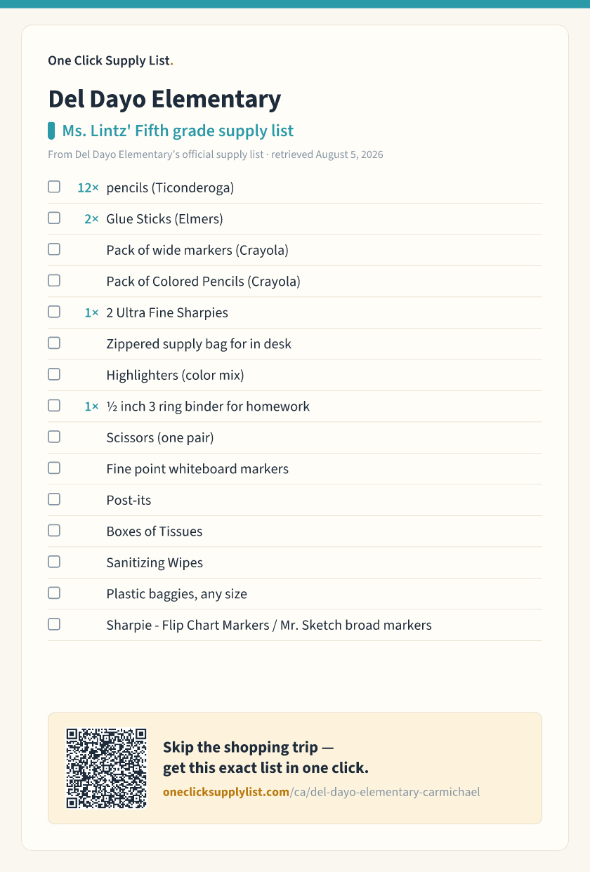 Del Dayo Elementary Ms. Lintz' Fifth grade supply list supply list — printable image