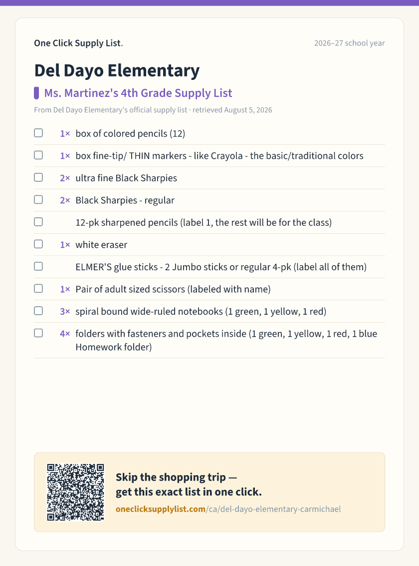 Del Dayo Elementary Ms. Martinez's 4th Grade Supply List supply list — printable image