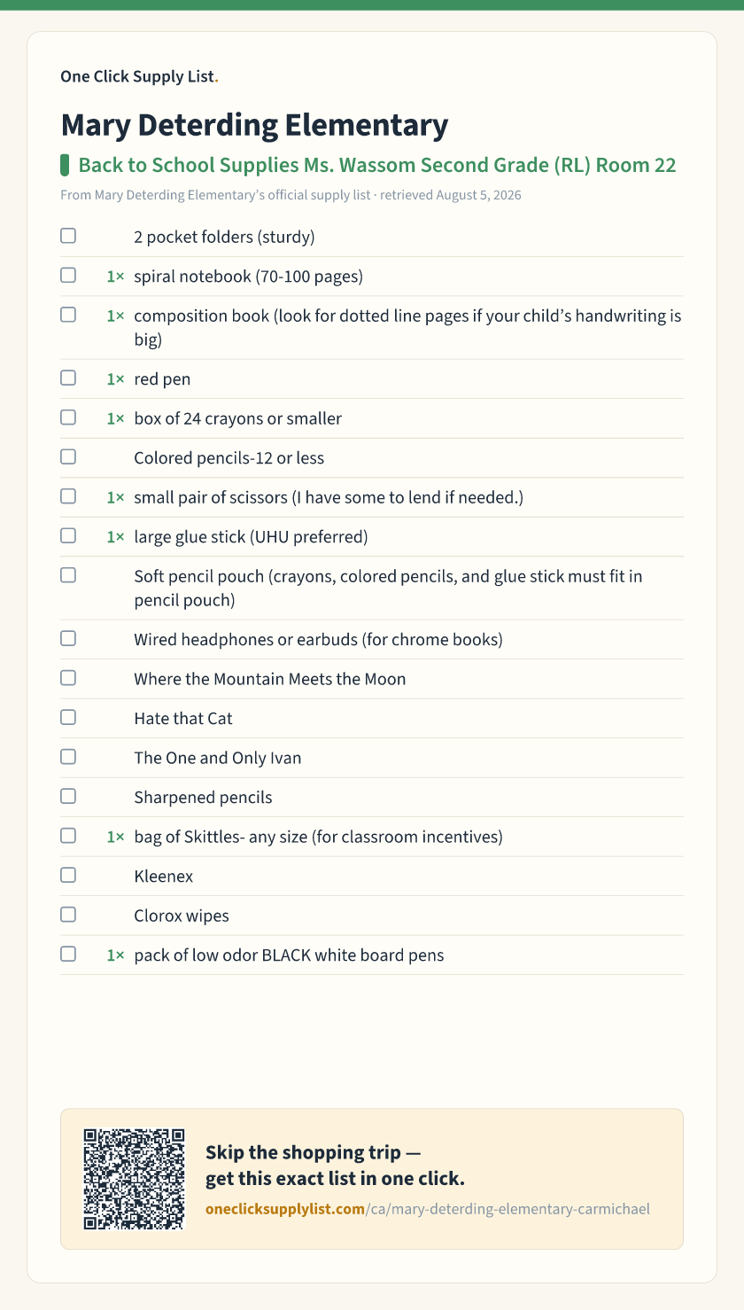 Mary Deterding Elementary Back to School Supplies Ms. Wassom Second Grade (RL) Room 22 supply list — printable image