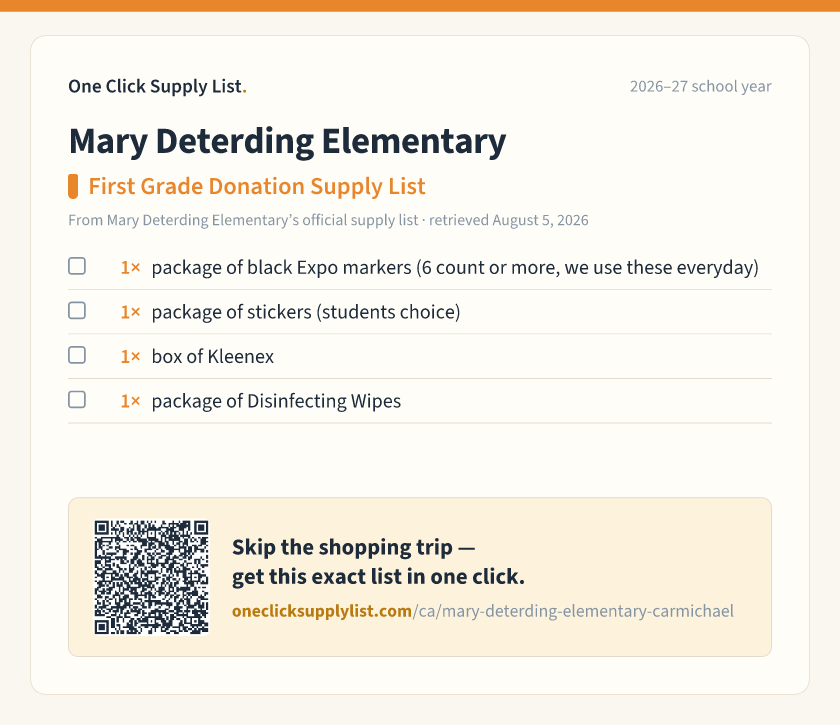 Mary Deterding Elementary First Grade Donation Supply List supply list — printable image