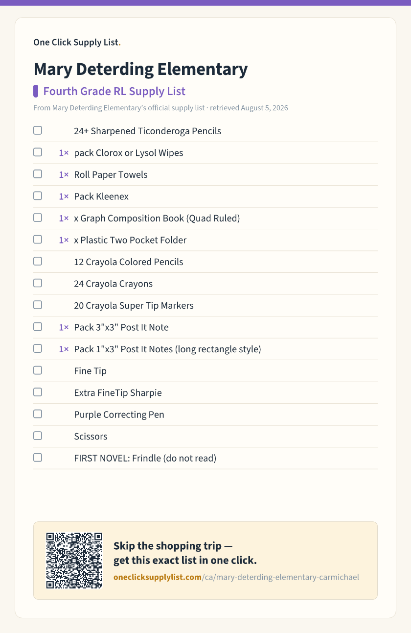 Mary Deterding Elementary Fourth Grade RL Supply List supply list — printable image