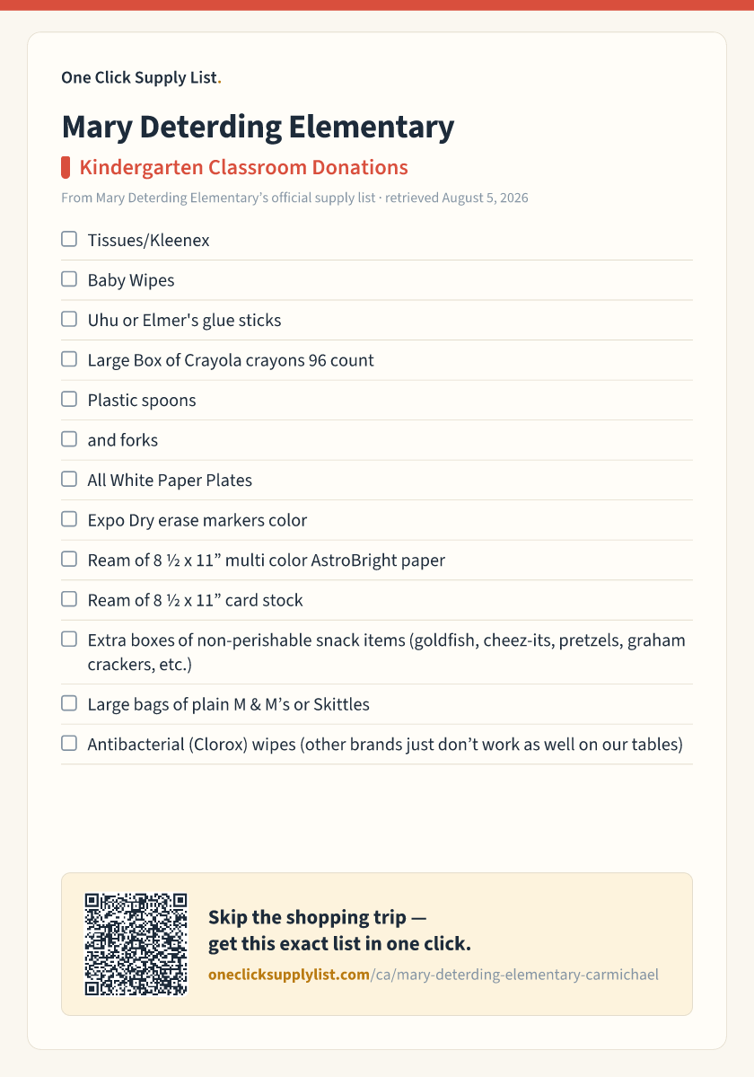 Mary Deterding Elementary Kindergarten Classroom Donations supply list — printable image