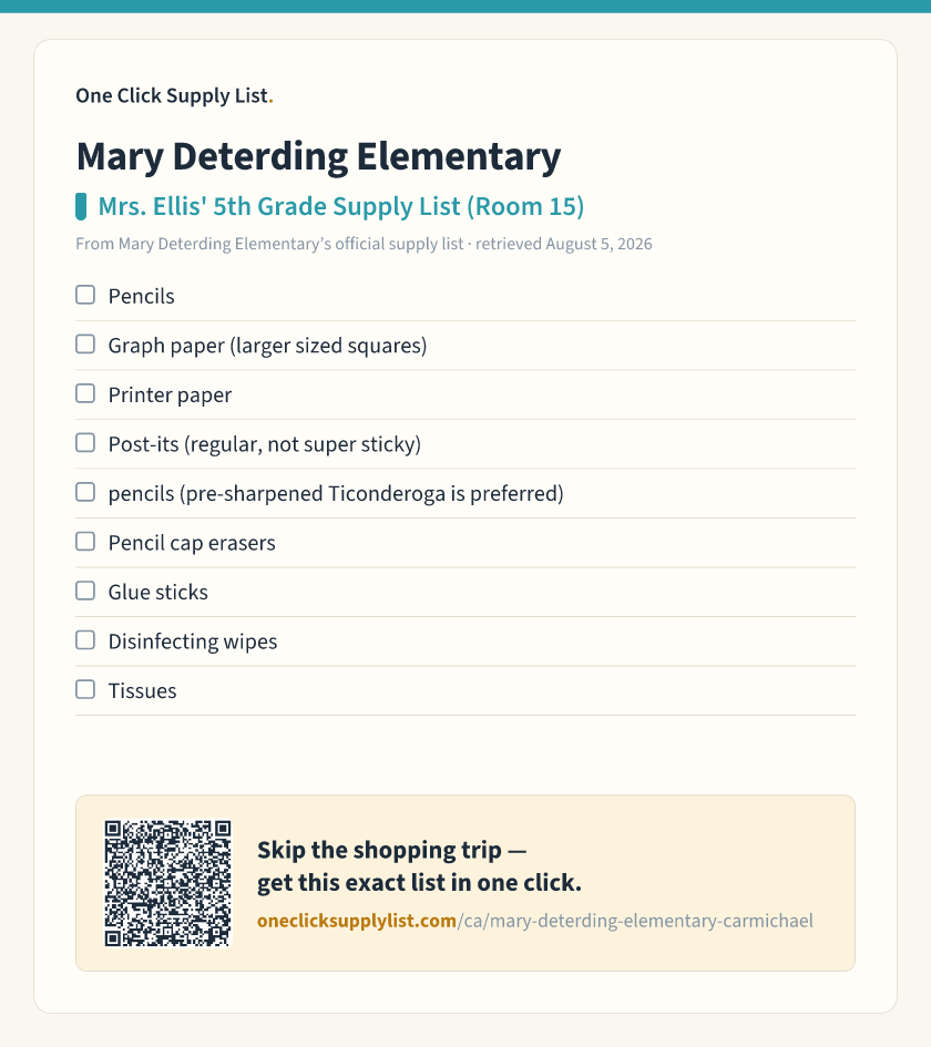 Mary Deterding Elementary Mrs. Ellis' 5th Grade Supply List (Room 15) supply list — printable image