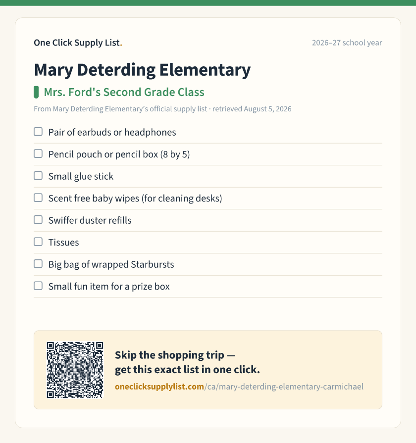 Mary Deterding Elementary Mrs. Ford's Second Grade Class supply list — printable image