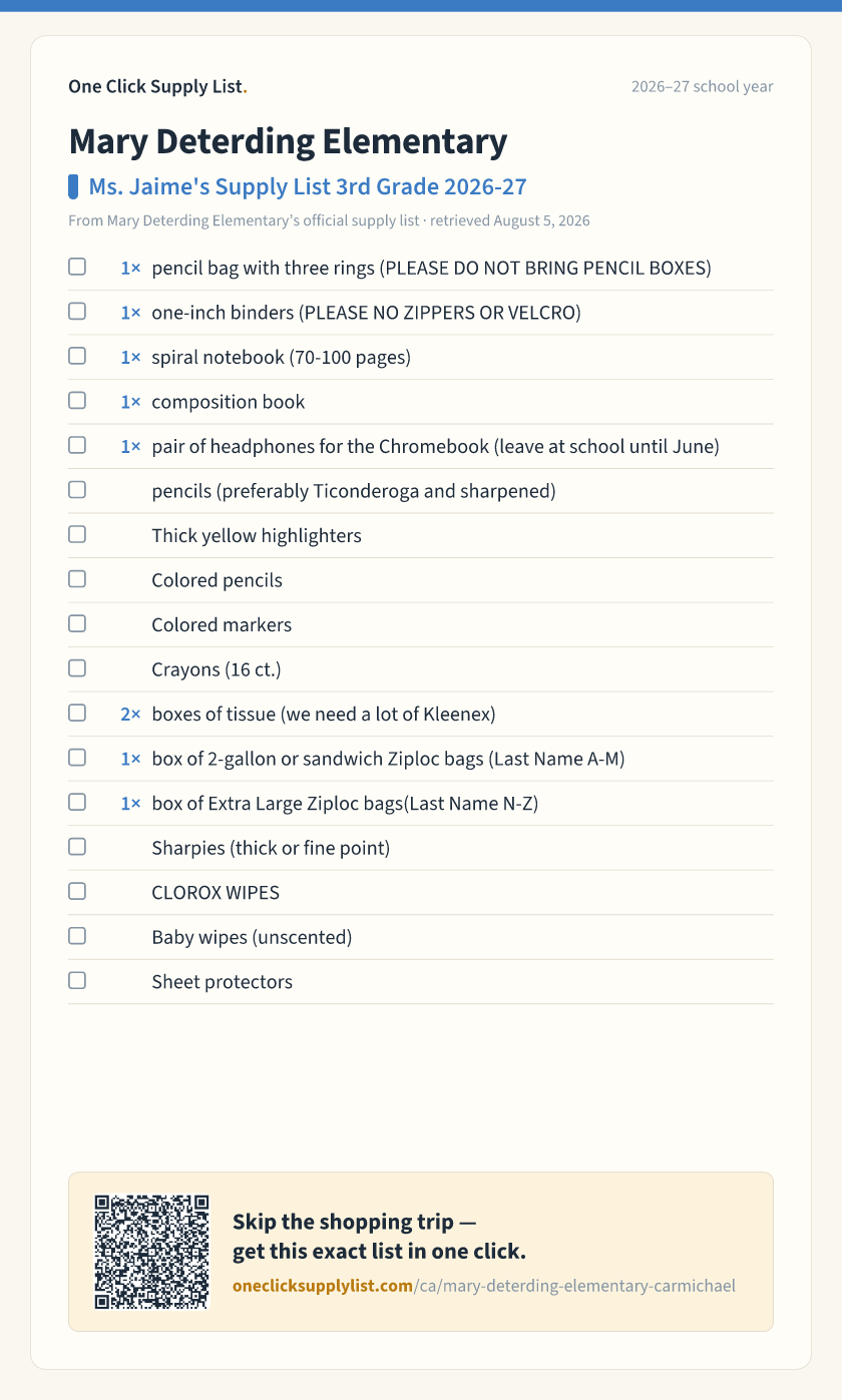 Mary Deterding Elementary Ms. Jaime's Supply List 3rd Grade 2026-27 supply list — printable image