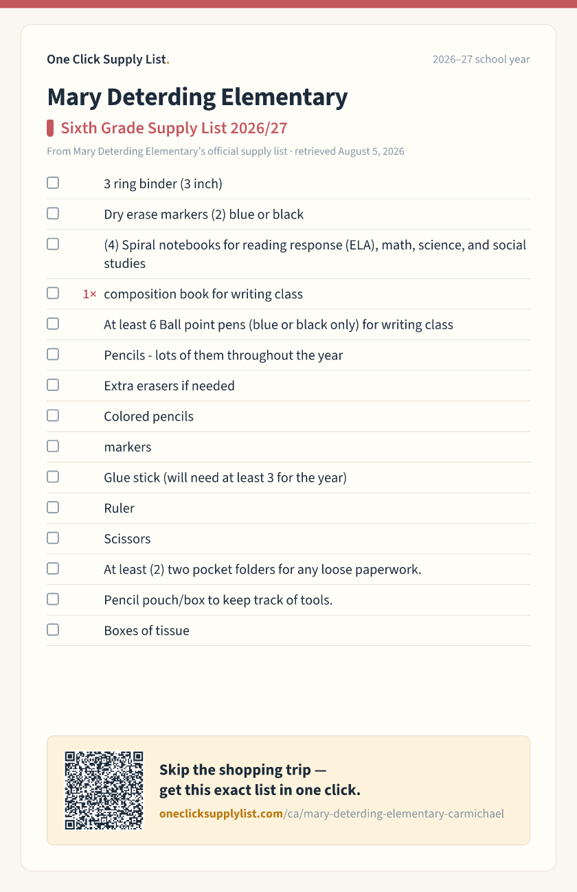 Mary Deterding Elementary Sixth Grade Supply List 2026/27 supply list — printable image