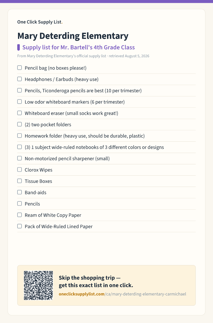 Mary Deterding Elementary Supply list for Mr. Bartell's 4th Grade Class supply list — printable image