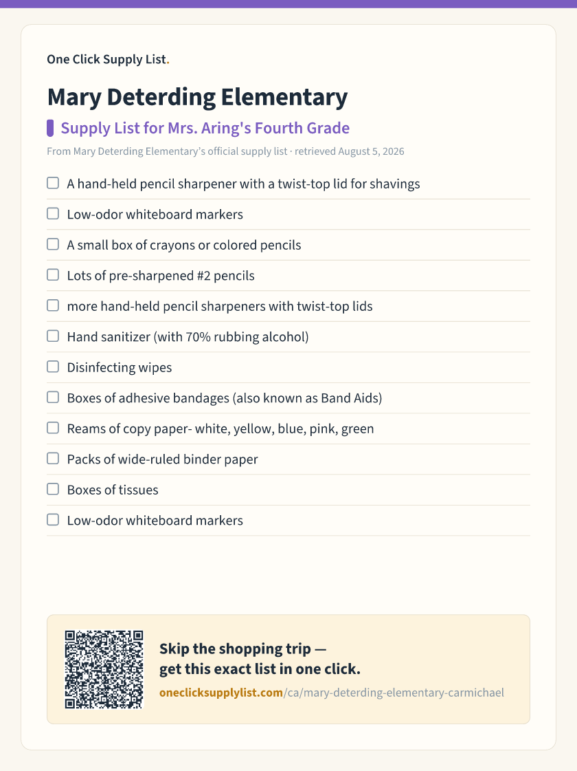 Mary Deterding Elementary Supply List for Mrs. Aring's Fourth Grade supply list — printable image
