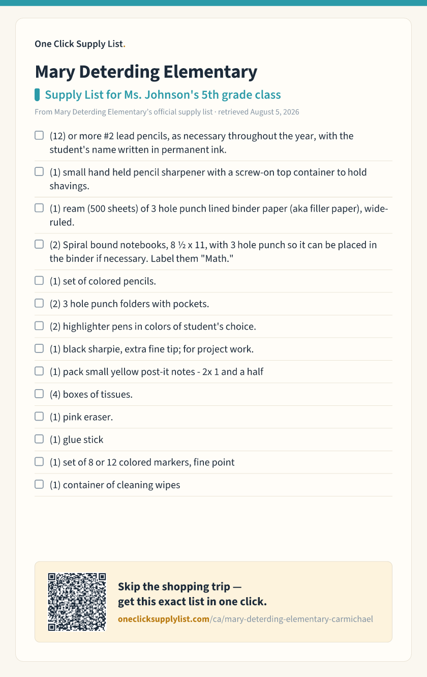 Mary Deterding Elementary Supply List for Ms. Johnson's 5th grade class supply list — printable image