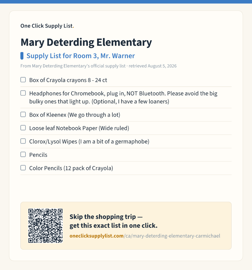 Mary Deterding Elementary Supply List for Room 3, Mr. Warner supply list — printable image