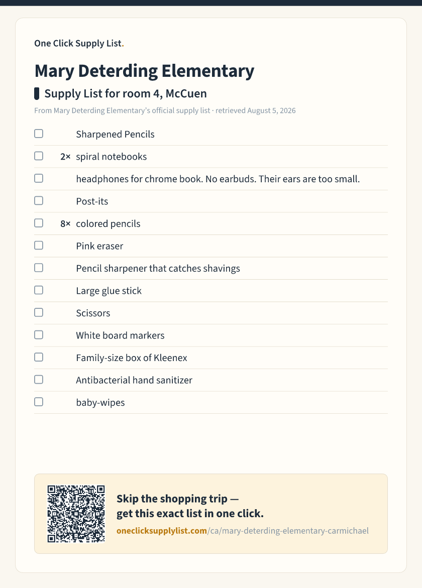 Mary Deterding Elementary Supply List for room 4, McCuen supply list — printable image