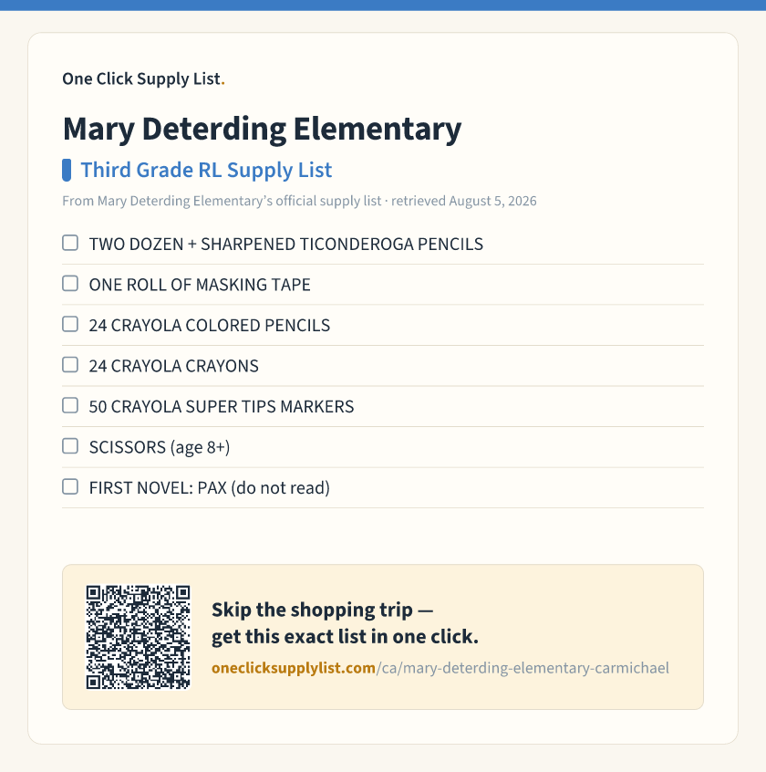 Mary Deterding Elementary Third Grade RL Supply List supply list — printable image