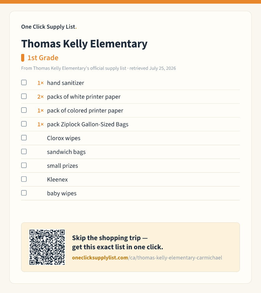 Thomas Kelly Elementary 1st Grade supply list — printable image