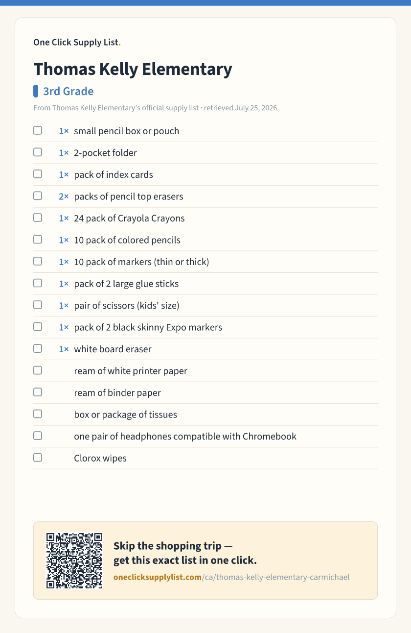 Thomas Kelly Elementary 3rd Grade supply list — printable image