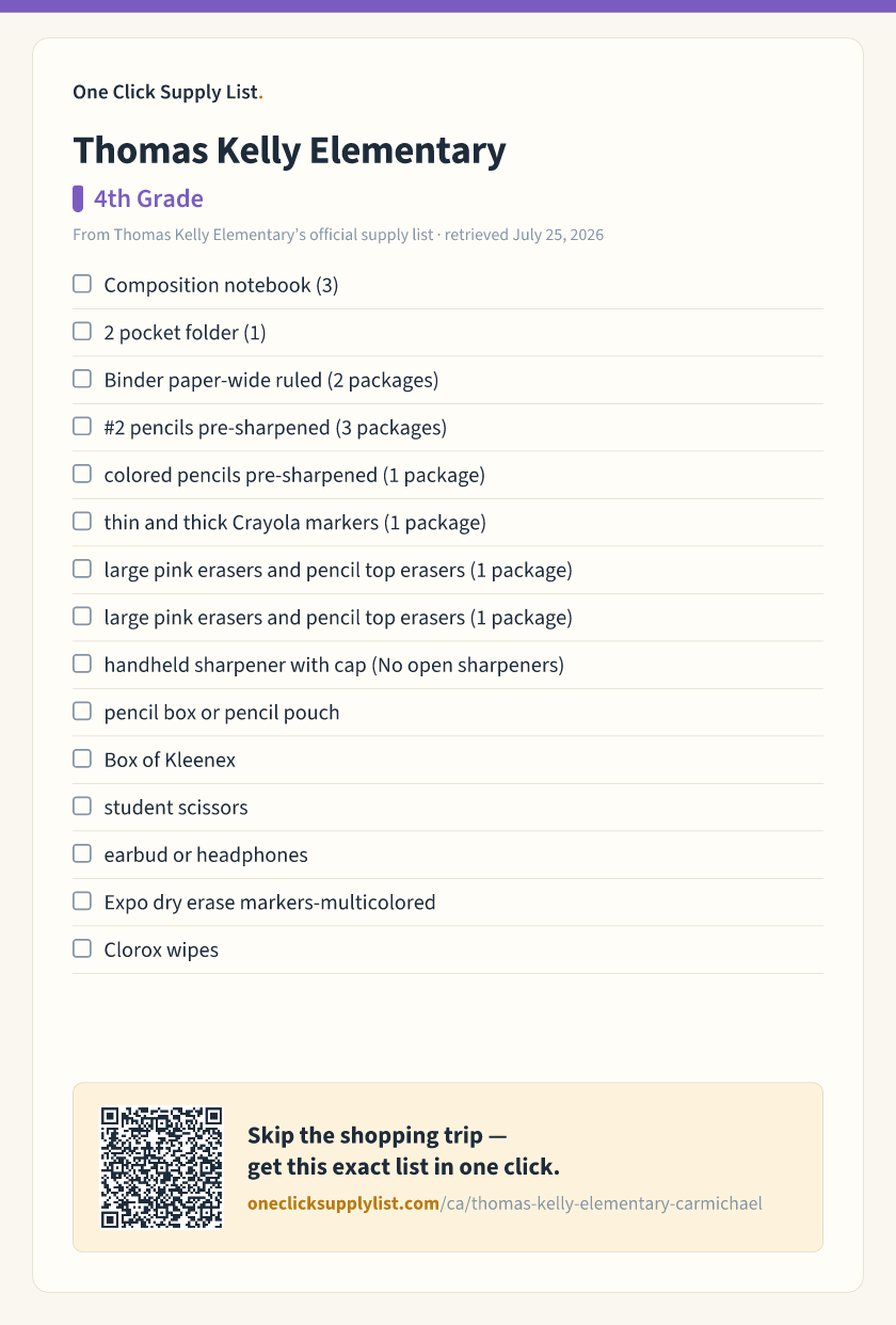 Thomas Kelly Elementary 4th Grade supply list — printable image