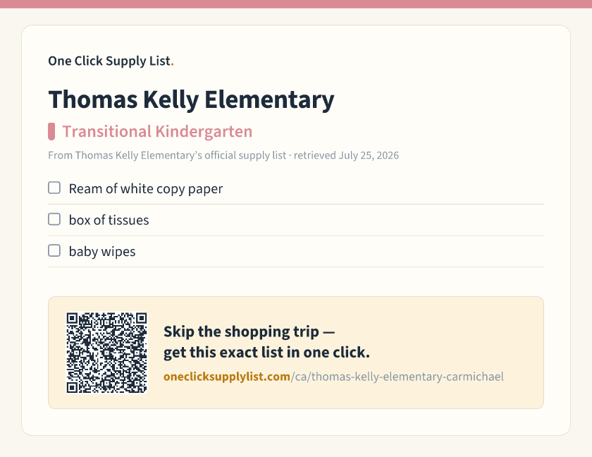 Thomas Kelly Elementary Transitional Kindergarten supply list — printable image