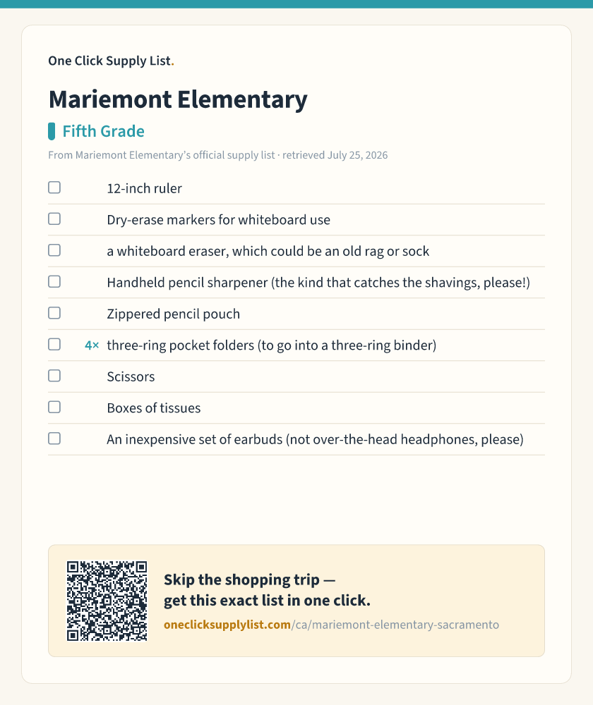 Mariemont Elementary Fifth Grade supply list — printable image