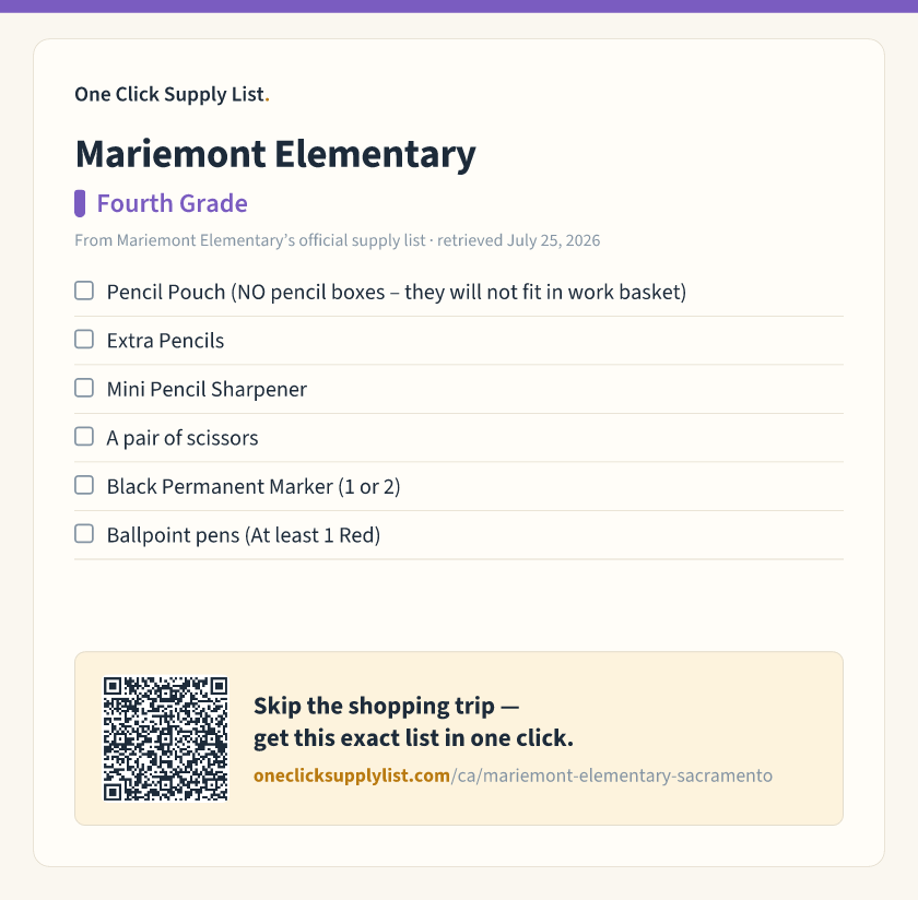 Mariemont Elementary Fourth Grade supply list — printable image