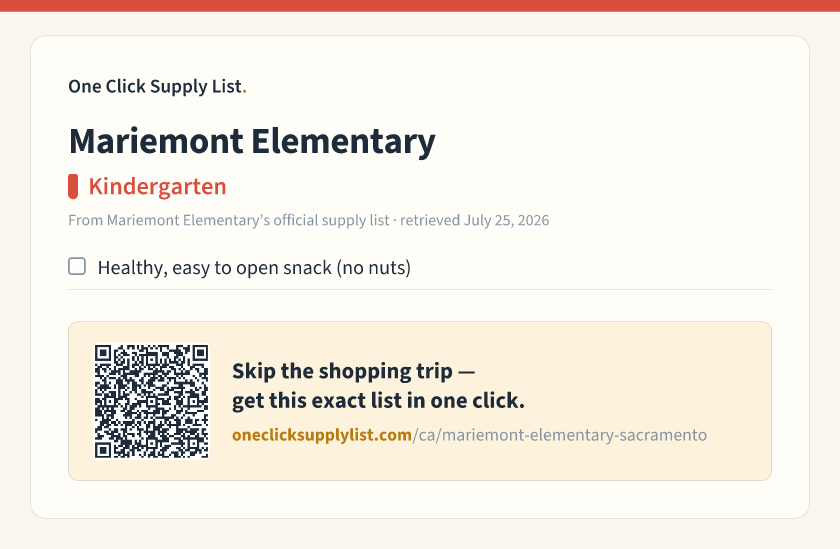 Mariemont Elementary Kindergarten supply list — printable image