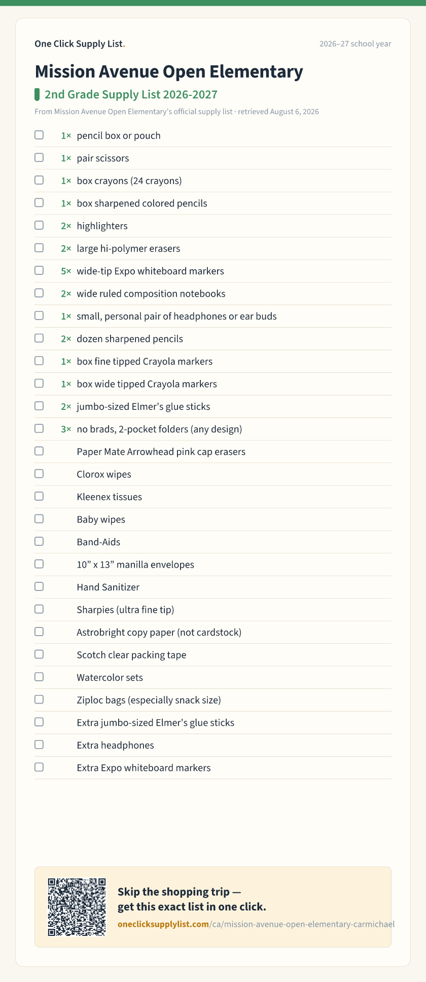 Mission Avenue Open Elementary 2nd Grade Supply List 2026-2027 supply list — printable image
