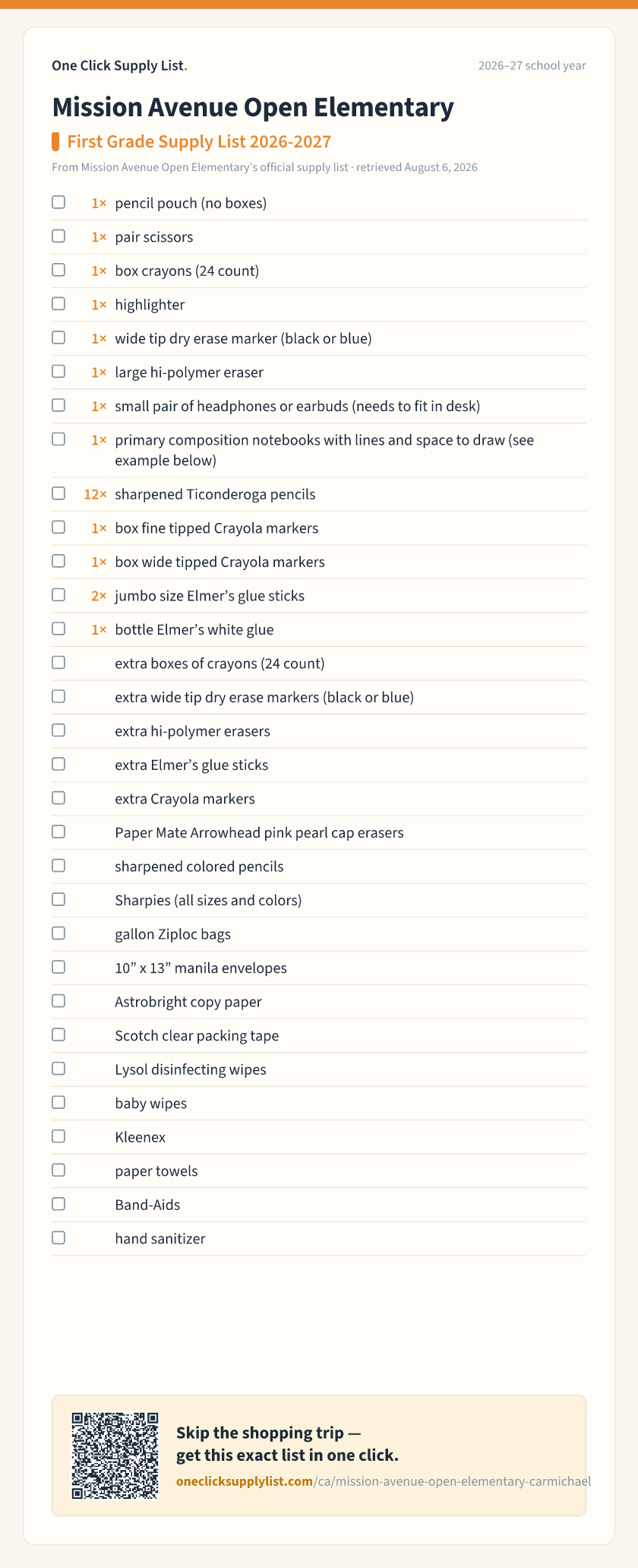 Mission Avenue Open Elementary First Grade Supply List 2026-2027 supply list — printable image