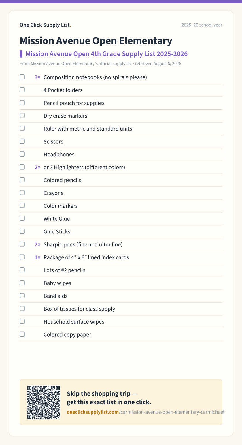 Mission Avenue Open Elementary Mission Avenue Open 4th Grade Supply List 2025-2026 supply list — printable image
